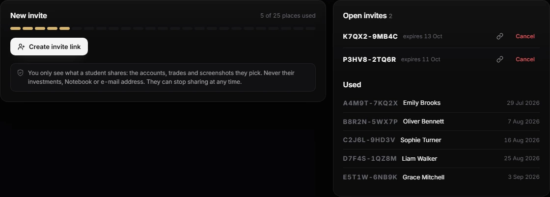 Invite a student with a link and see open and used invites